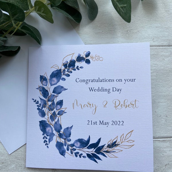 Personalised wedding card, engagement card, gold and navy wedding theme