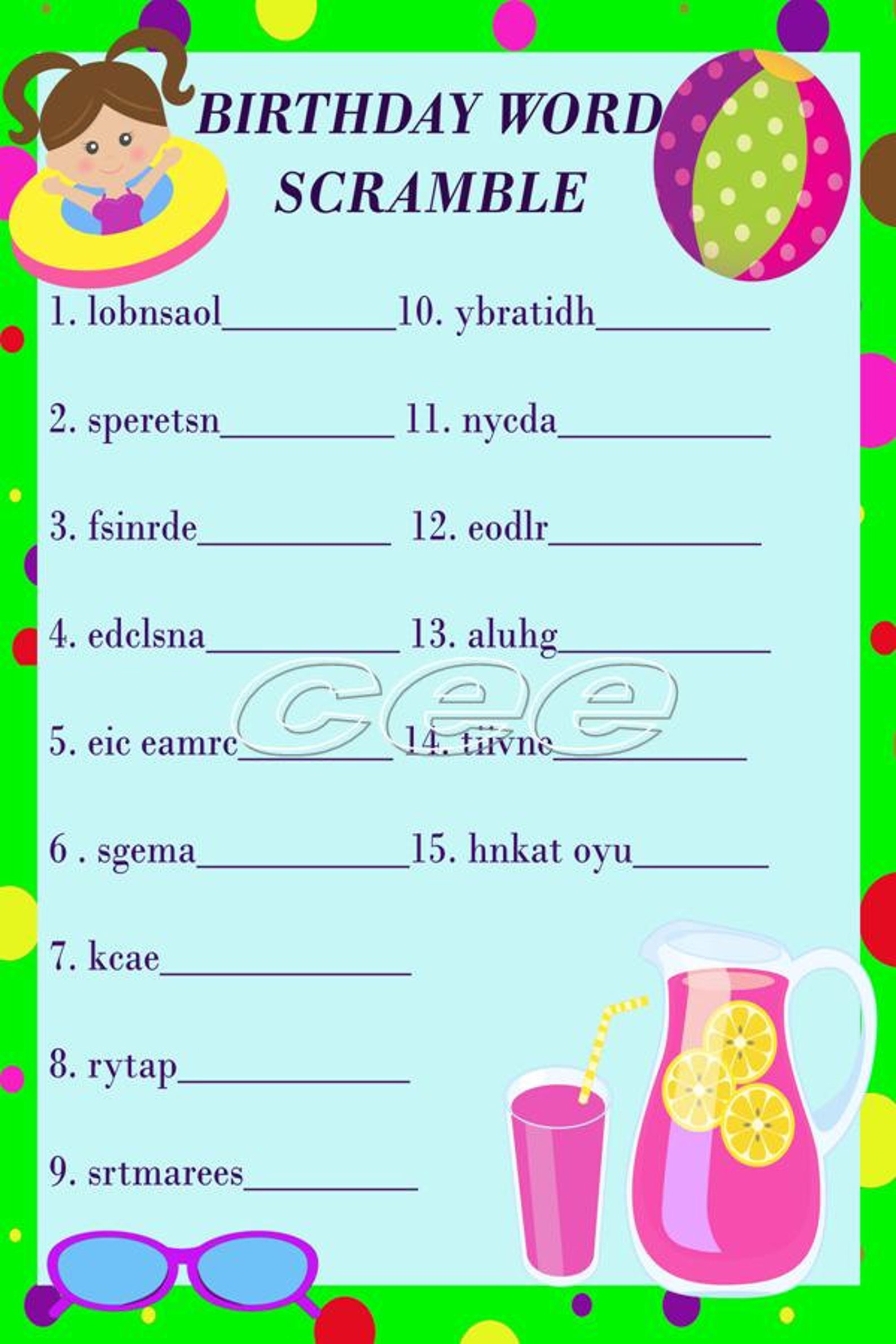 Pool Party Birthday Game Pool Party Game for Kids Children - Etsy