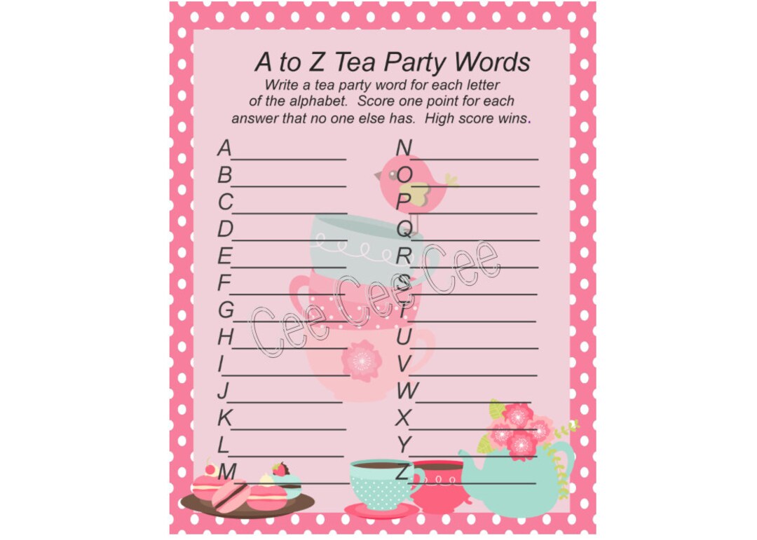 Kid's Tea Party Word Game Instant Download Printable Etsy