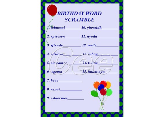 Birthday Party Game Birthday Word Scramble Printable Etsy