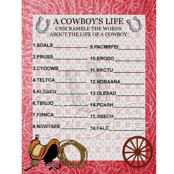 Kids Cowboy Western Themed Party Word Scramble Game, Digital Download Printable Birthday Game, Instant Download Print At Home Game, PDF File