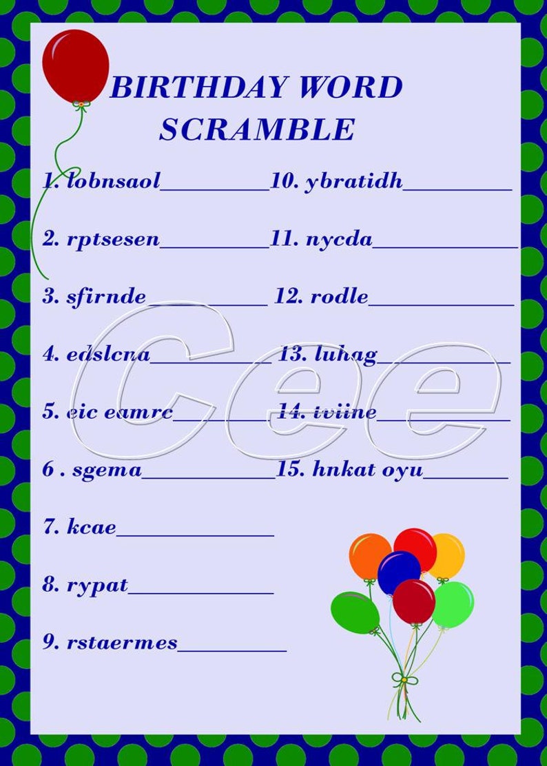 Birthday Party Game Birthday Word Scramble Printable Etsy