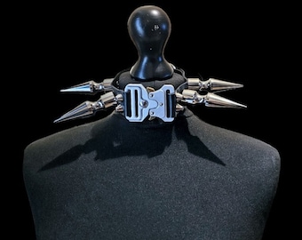 May include: A black leather choker with silver spikes and a silver buckle.