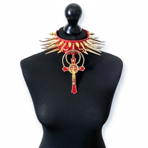 Crucifix collar, red collar choker, vegan leather choker, goth crucifix choker,giant spike choker collar