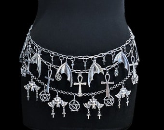 Ankh waist chain, bat belt, bat wings belt ,goth pentacle belt, chain belt