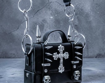 Bolso de hombro gótico, bolso cruzado cuadrado, bolso con pinchos, bolso punk, bolso de cuero con calavera