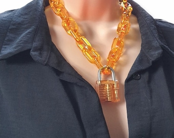 Orange transparent acrylic chain padlock necklace