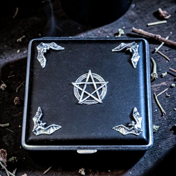 Black leather cigarette case, goth cigarette case,bat metal case, cigarette box
