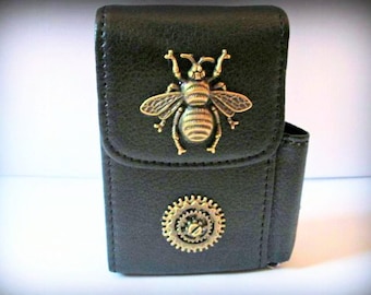 Schwarze Leder-Zigarettenetui mit Feuerzeug Pocket-Steampunk-Zigarettenspitze-Zigarettenetui