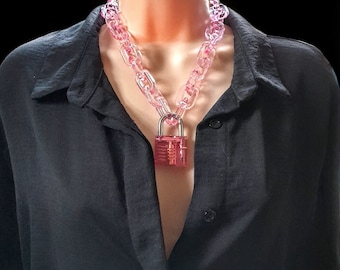 pink padlock necklace/Pink transparent acrylic chain /padlock necklace