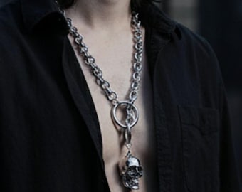 Collar de calavera grande, collar de cadenas gruesas de acero inoxidable, collar con cierre de calavera