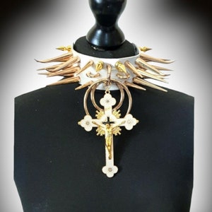 Crucifix collar, white collar choker, vegan leather choker, goth crucifix choker,gaint spike chokers