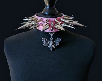 Pink spike choker, death moth choker collar, pink goth choker  vegan leather spiked choker, gaint tree spike collars