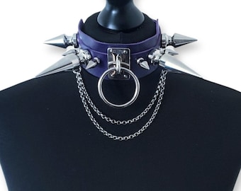 Collier Purple Spike, tour de cou en cuir pu, tour de cou goth, tour de cou à pointes gaint