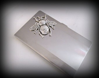 Stainless steel business card holder-credit card holder-bee card holder-gothic card holder-silver bee-steampunk business card holder