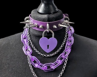 Purple spiked collar, heart padlock collar, punk choker, goth collar, spike chokers