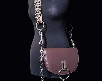 Leopard print strap shoulder bag, brown crossbody bag, bullet belt bag, punk bag, PU leather bag
