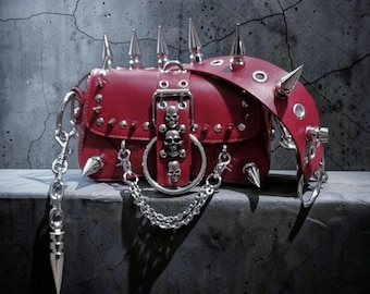 Bolso de hombro gótico, bolso de hombro punk rock, bolso rojo con pinchos, bolso punk, bolso gótico