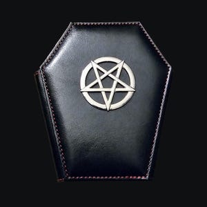 Tarjetero con forma de pentáculo, tarjetero con forma de pentagrama invertido, billetera con forma de ataúd, tarjetero gótico, billetera gótica