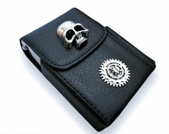 Schwarz Leder Zigarettenetui mit Feuerzeugtasche-Skull Zigarettenetui-Steampunk-Zigarettenspitze-Zigaretten Fall