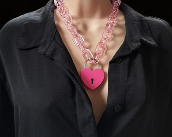 Hot pink heart padlock necklace, transparent acrylic chain padlock necklace