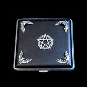 Black leather cigarette case, goth cigarette case,bat metal case, cigarette box