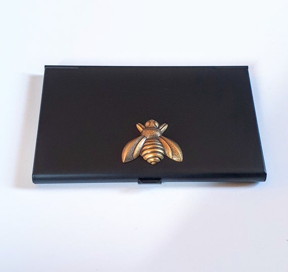 bee slim stainless steel black business card holder credit etsy bee slim stainless steel