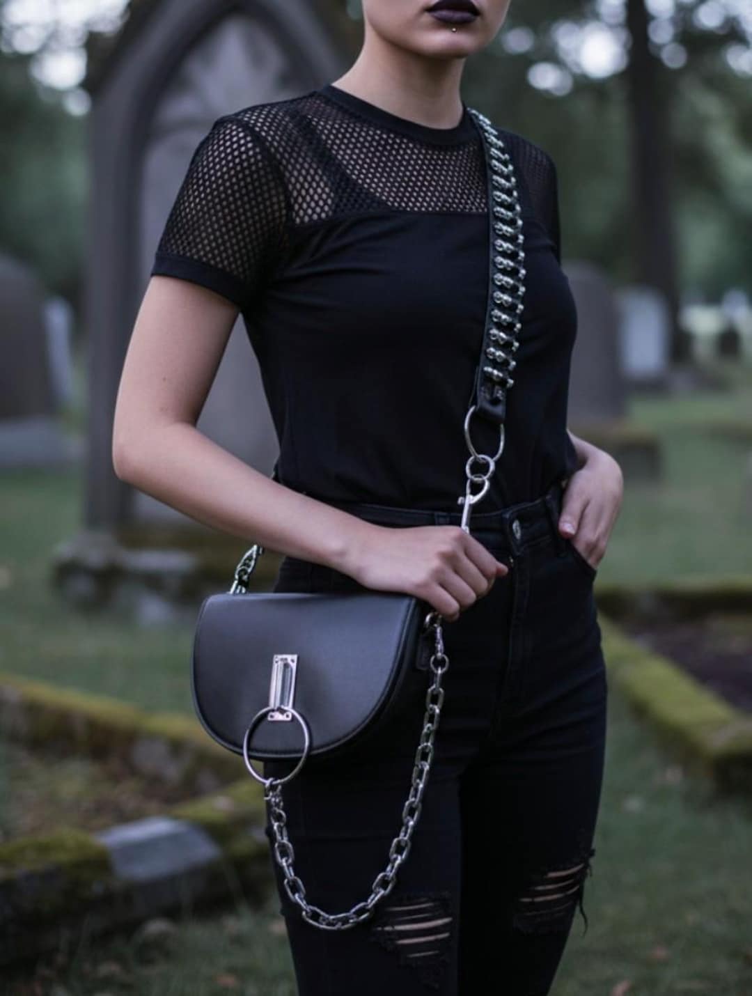 Goth Shoulder Bag, Black Crossbody Bag, Bullet Belt Bag, Punk Bag 