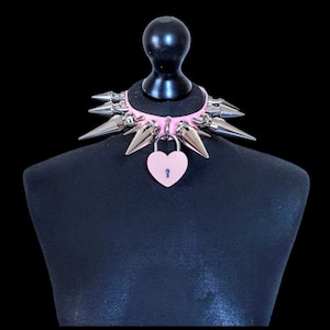 Pink spiked collar, heart padlock collar, leather choker, goth collar ,gaint spike chokers