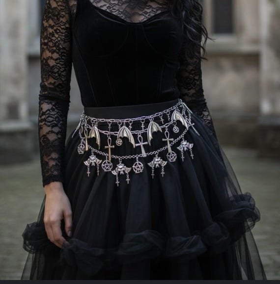 Gothic Cross Chain Hip Belt – Black Silver Punk Gothic Cross Pendant Tassel Waist Chain – Adjustable  main image 4