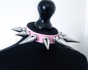 Pink spiked choker, vegan leather spiked choker, gaint tree spike collars