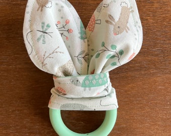 Forest Animals! Handmade Baby Bunny Teether Toy, Cotton & Silicone Ring, Baby Easter Gift: Deer Bear Fox Bunny Teal Pink