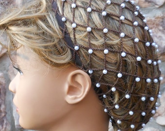 KORT HAAR Kralen Haarnetje in Fudge Brown Renaissance-stijl met parelkralen voor het haar tot in de nek