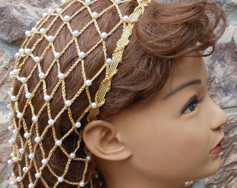 Hair 1-2 Inches BELOW Shoulders Beaded Metallic Gold Renaissance Hair Snood Pearl Beads & Gold Elastic  "Golden Glow"