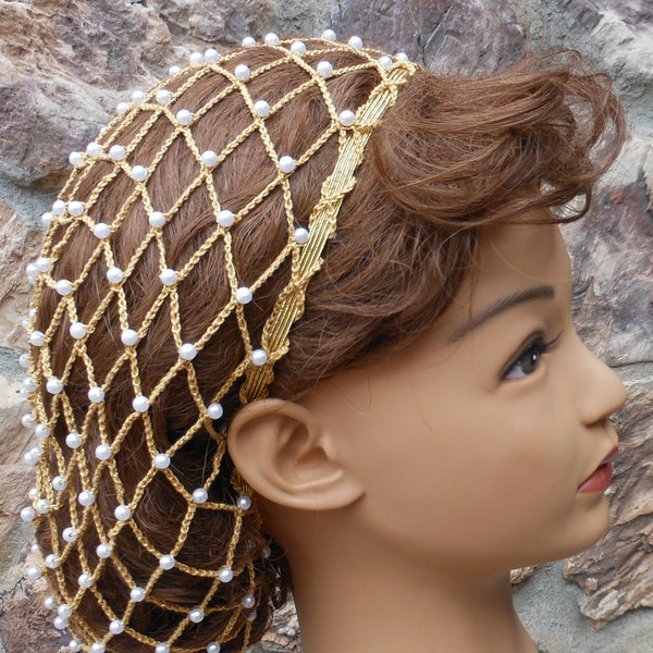 Hair 1-2 Inches BELOW Shoulders Beaded Metallic Gold Renaissance Hair Snood Pearl Beads & Gold Elastic  "Golden Glow"