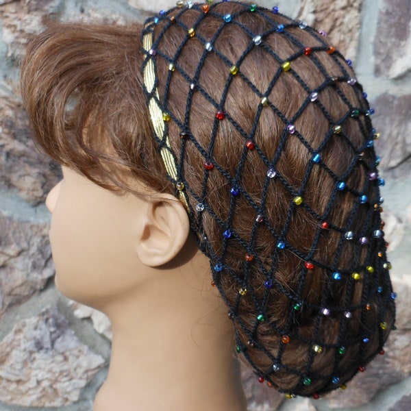 Hair 1-2 inches BELOW Shoulders Beaded Black Hair Snood With Multicolored Beads aka *Black Opal* Gold Elastic