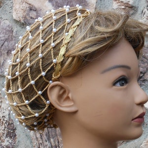 SHORT HAIR Metallic Gold Hair Snood With Pearl Beads "Gold Glow" SHORT Hair to the Nape of the Neck