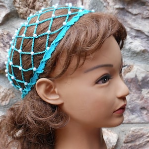 Roman Noblewoman Turquoise Glitter Thread Crocheted Hair Net With Pearl Beads