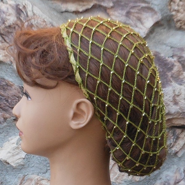Hair 1-2 Inches BELOW Shoulders Beaded Fern Green & Metallic Gold Thread Hair Snood Net With Czech Glass Gold Beads and Gold Elastic