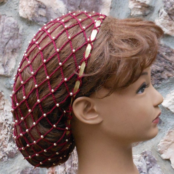 Hair 1-2 Inches BELOW Shoulders Beaded Burgundy Renaissance Hair Snood Net With Czech Metal Gold Beads Gold Elastic
