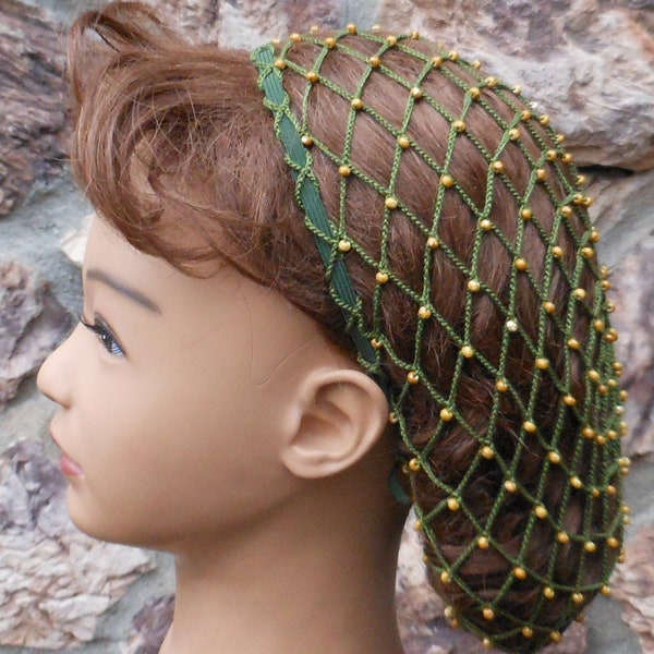 Hair 1-2 Inches BELOW the Shoulders Beaded Hair Snood Loden Green With Czech Speckled Oats Beads