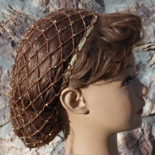 Hair 1-2 Inches BELOW Shoulders Brown and Metallic Gold Glitter Thread Beaded Hair Snood With Czech Glass Gold Beads and Gold Elastic