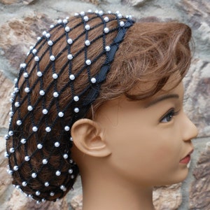 Hair 1-2 Inches BELOW Shoulders Beaded Black Renaissance Hair Snood With Pearl Beads