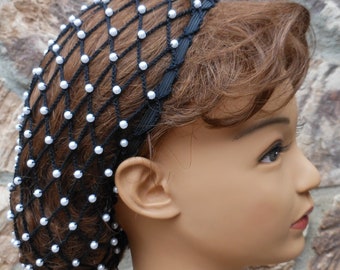 Hair 1-2 Inches BELOW Shoulders Beaded Black Renaissance Hair Snood With Pearl Beads