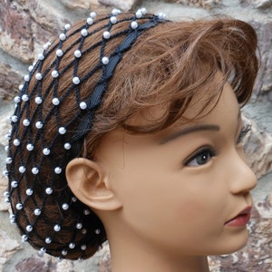 Hair 1-2 Inches BELOW Shoulders Beaded Black Renaissance Hair Snood With Pearl Beads