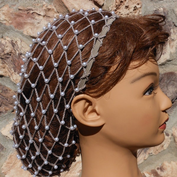Hair 1-2 inches BELOW the Shoulders Taupe Renaissance Beaded Hair Snood With Pearl Beads