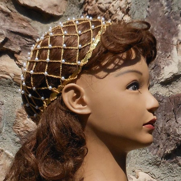 Roman Noblewoman Metallic Gold Crocheted Hair Net With Pearl Beads
