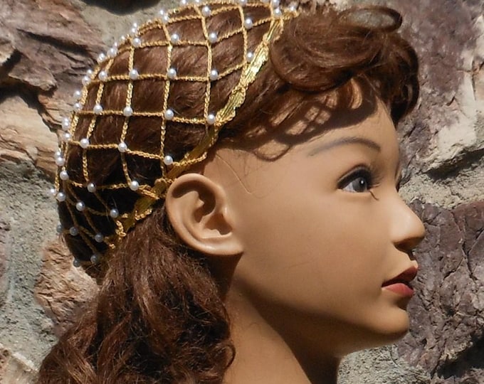 Roman Noblewoman Metallic Gold Crocheted Hair Net With Pearl Beads