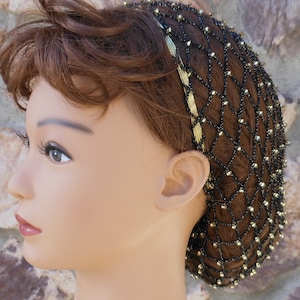 Hair 1-2 Inches BELOW Shoulders Beaded Hair Snood Black & Gold Thread With Czech Glass Gold Beads and Metallic Gold Elastic