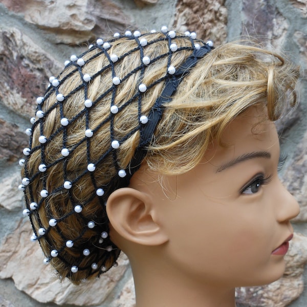 SHORT HAIR Beaded Black Renaissance Hair Snood With Pearl Beads for Hair to the NAPE of the Neck